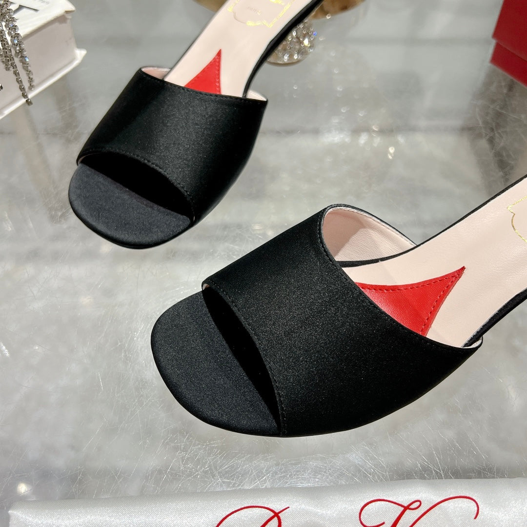 CRYSTAL HEEL MULE IN BLACK SILK - 34
