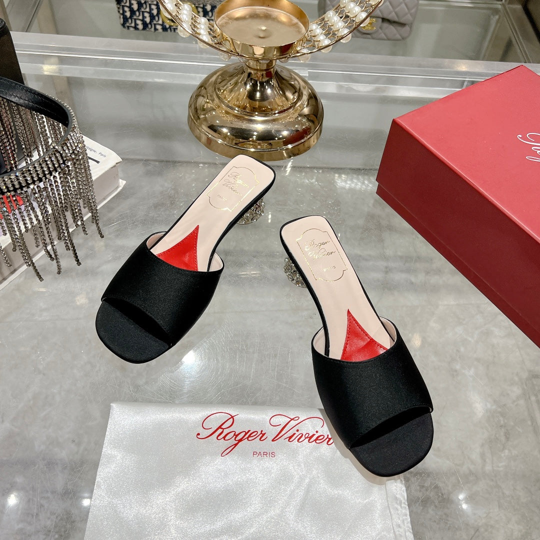 CRYSTAL HEEL MULE IN BLACK SILK - 34
