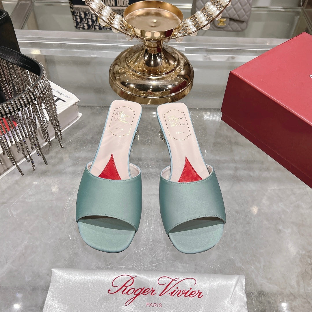 CRYSTAL HEEL MULE IN LIGHT BLUE-GREEN SILK - 34
