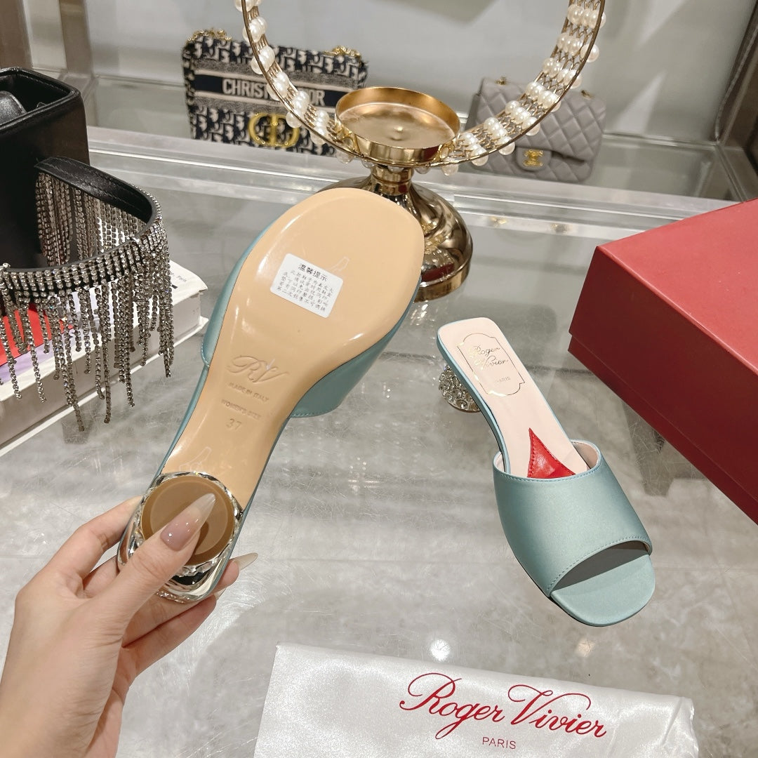 CRYSTAL HEEL MULE IN LIGHT BLUE-GREEN SILK - 34