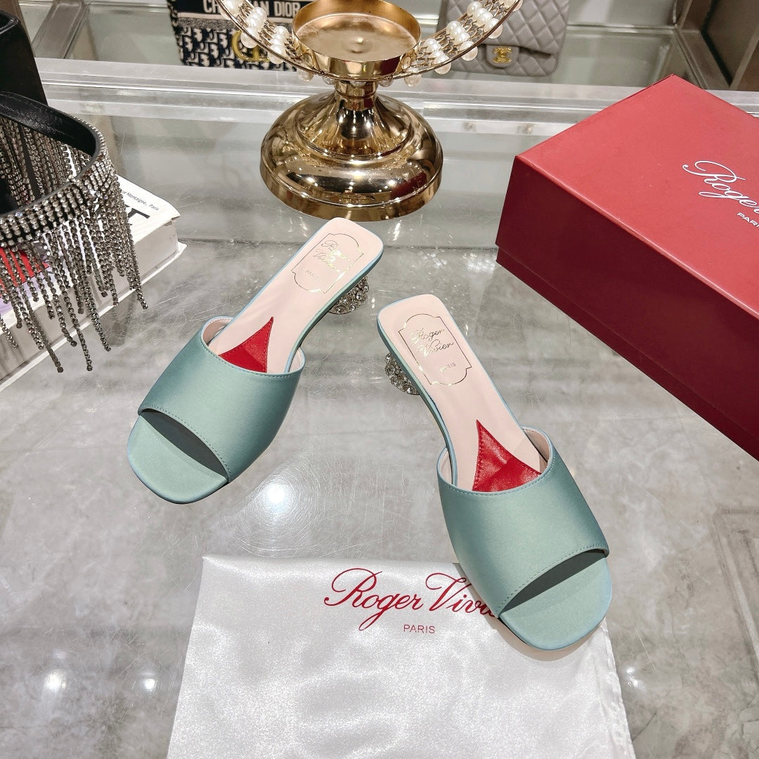 CRYSTAL HEEL MULE IN LIGHT BLUE-GREEN SILK - 34