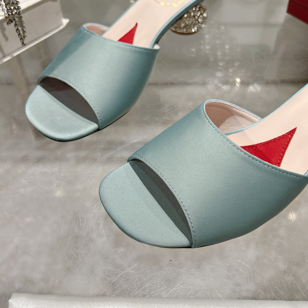 CRYSTAL HEEL MULE IN LIGHT BLUE-GREEN SILK - 34