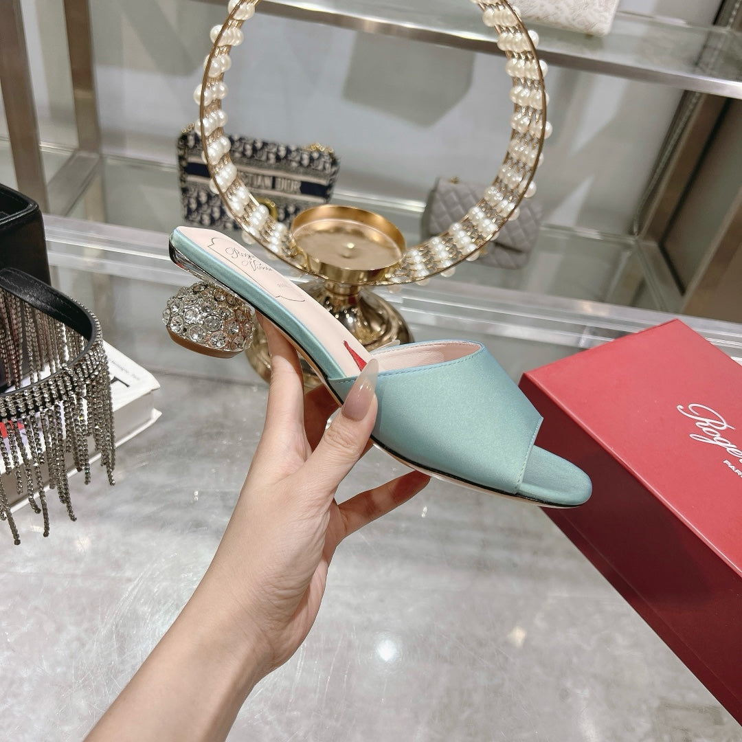 CRYSTAL HEEL MULE IN LIGHT BLUE-GREEN SILK - 34