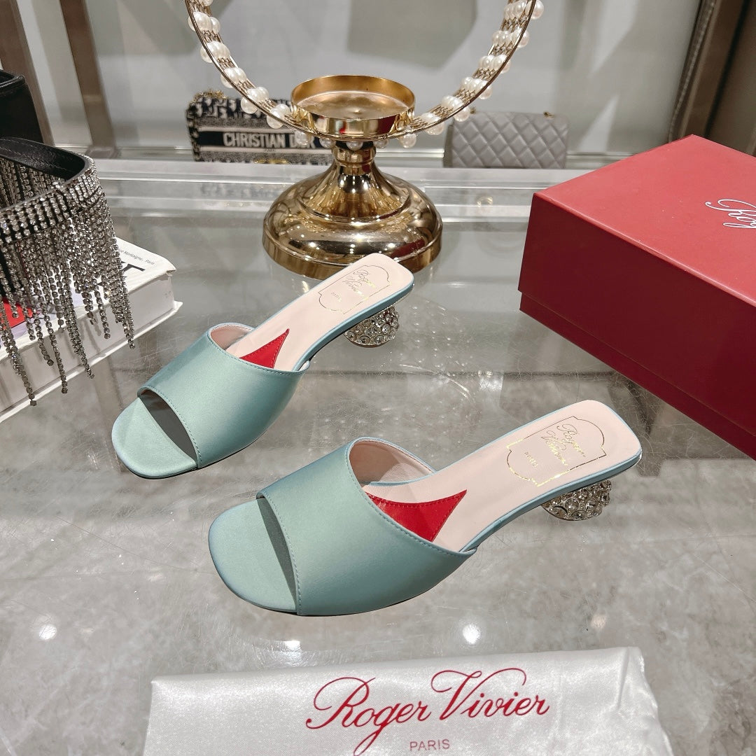 CRYSTAL HEEL MULE IN LIGHT BLUE-GREEN SILK - 34