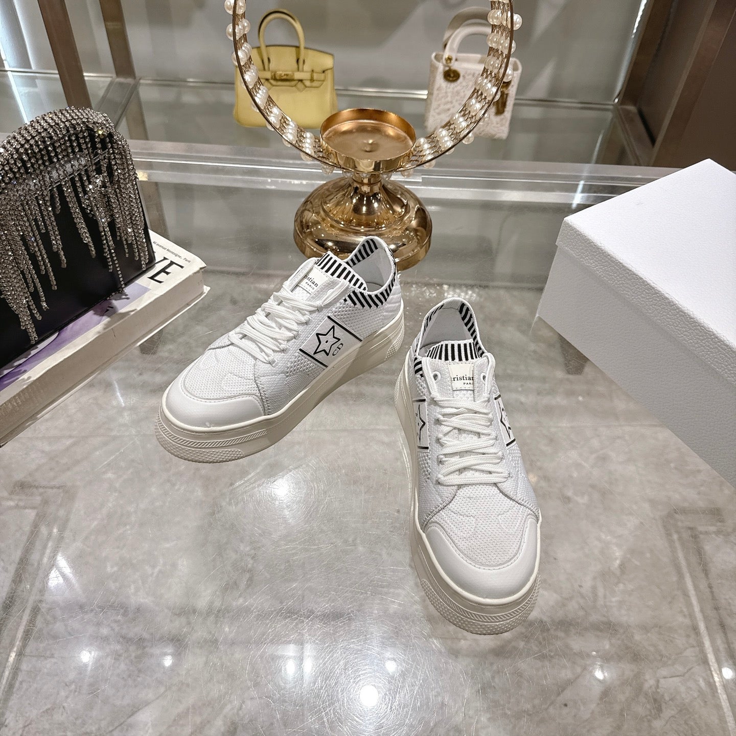 CD STAR SNEAKER 4CM IN WHITE MESH FABRIC BLACK STRIPE COLLAR DETAIL - 35