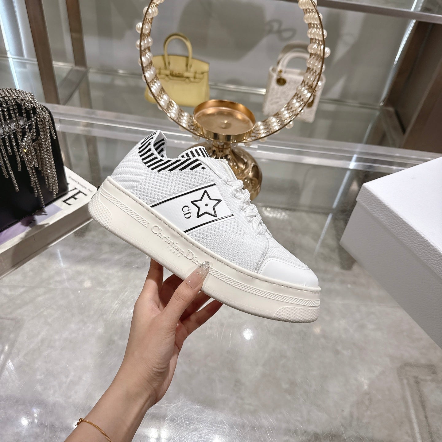 CD STAR SNEAKER 4CM IN WHITE MESH FABRIC BLACK STRIPE COLLAR DETAIL - 35