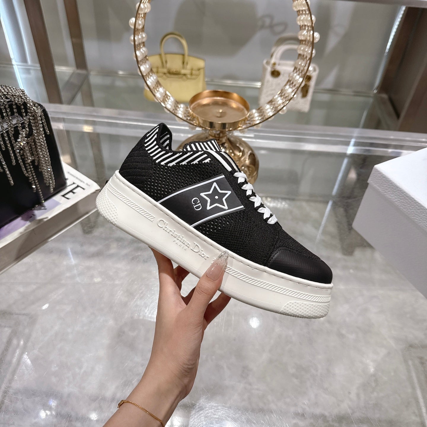 CD STAR SNEAKER 4CM IN BLACK AND WHITE MESH FABRIC - 35