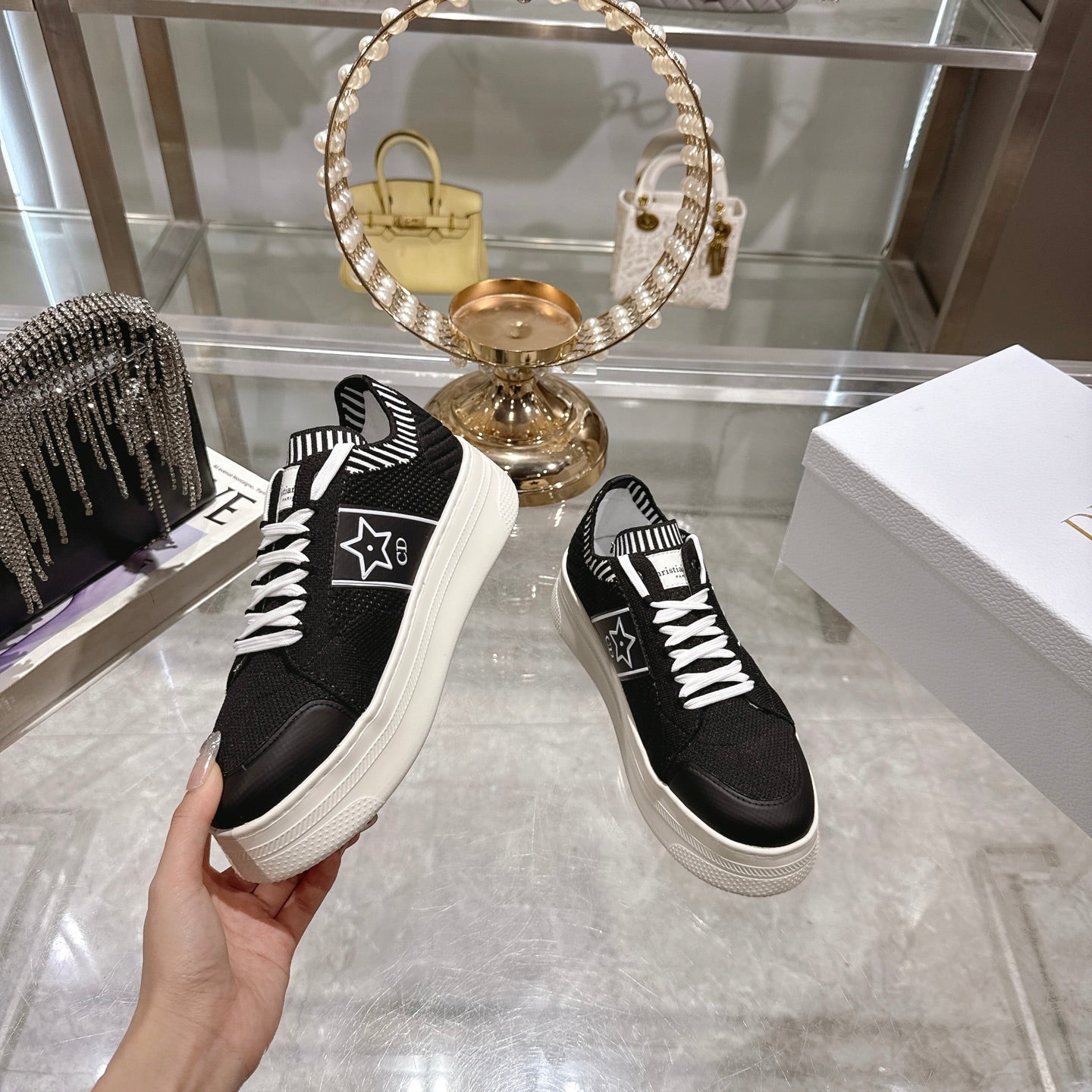 CD STAR SNEAKER 4CM IN BLACK AND WHITE MESH FABRIC - 35