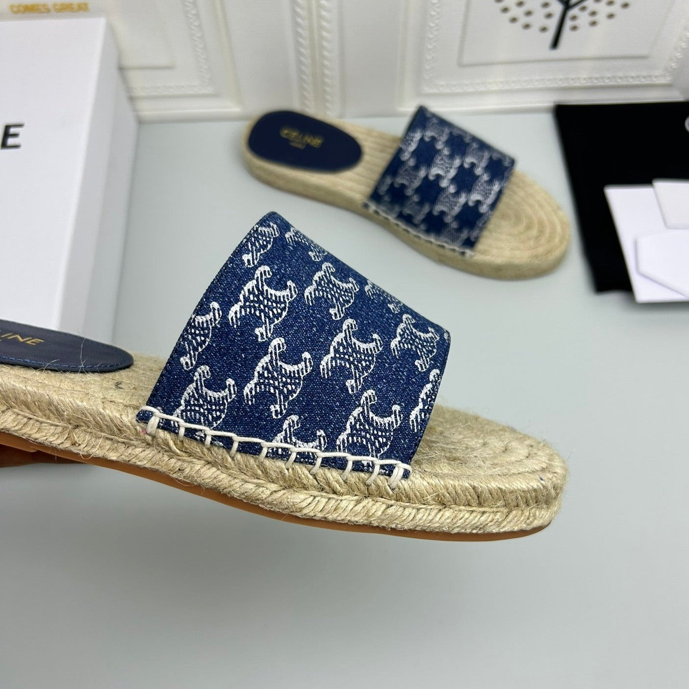 NEW FLAT FISHERMAN SLIPPERS NAVY BLUE COTTON CANVAS - 35