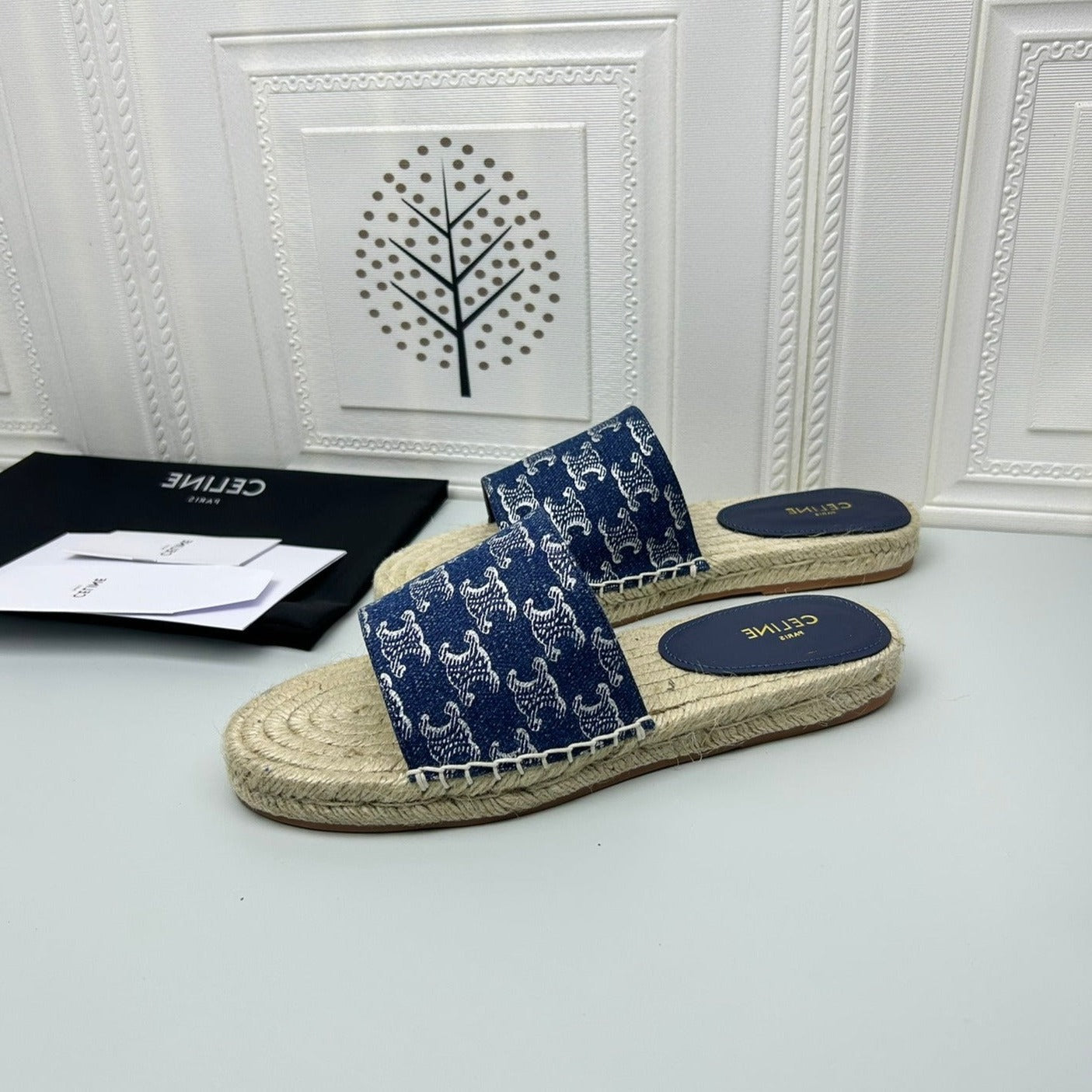 NEW FLAT FISHERMAN SLIPPERS NAVY BLUE COTTON CANVAS - 35