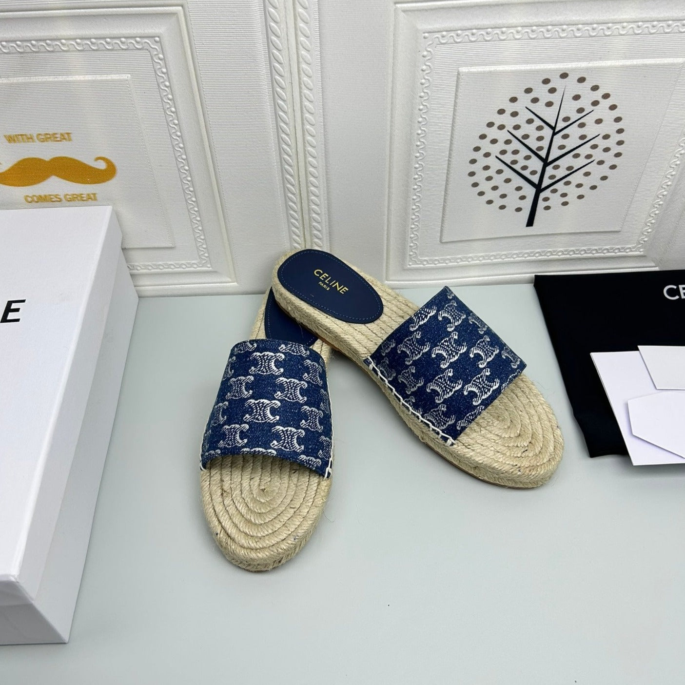 NEW FLAT FISHERMAN SLIPPERS NAVY BLUE COTTON CANVAS - 35