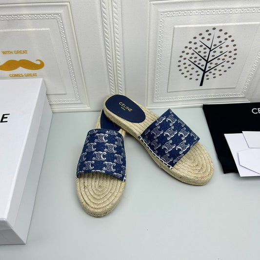 NEW FLAT FISHERMAN SLIPPERS NAVY BLUE COTTON CANVAS - 35
