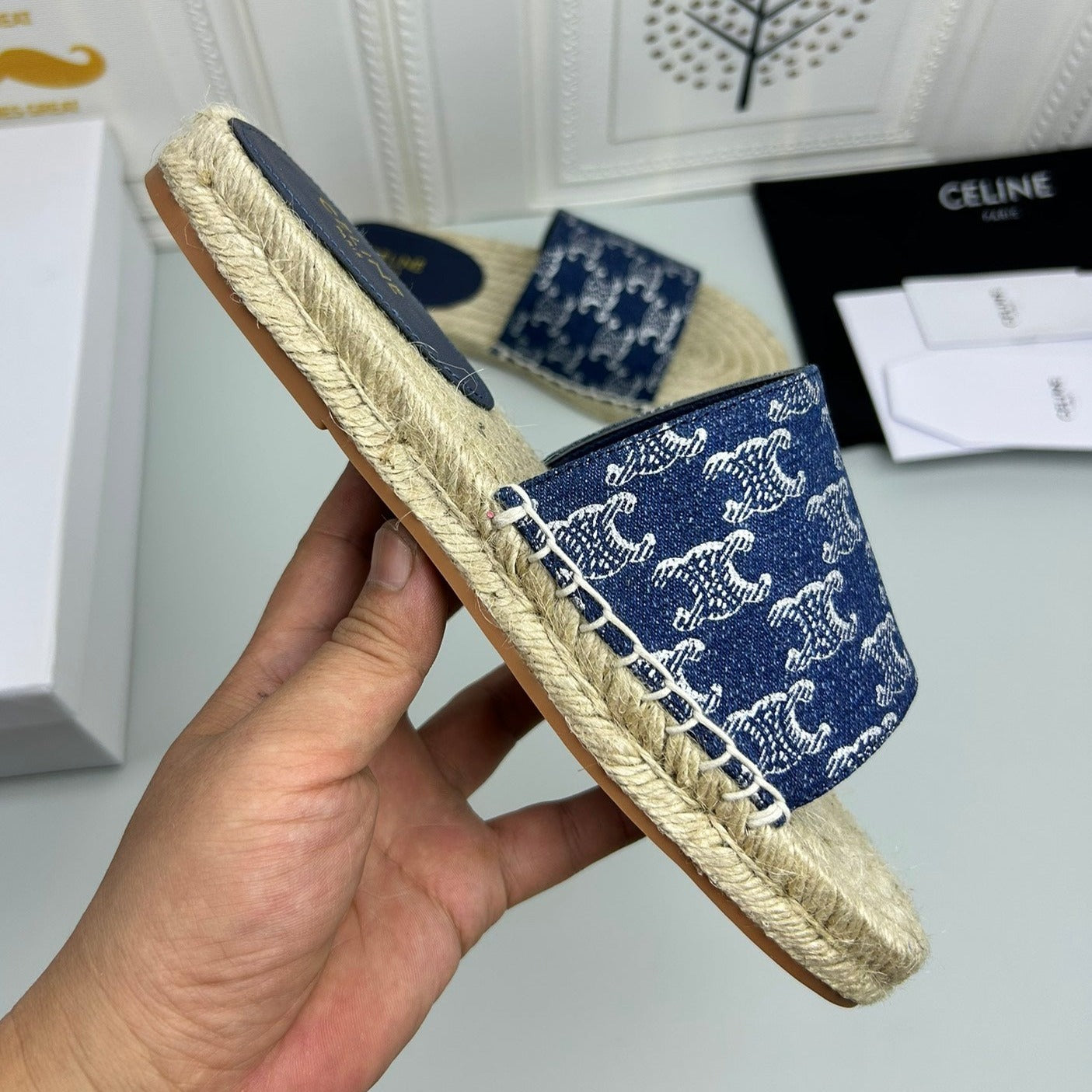 NEW FLAT FISHERMAN SLIPPERS NAVY BLUE COTTON CANVAS - 35
