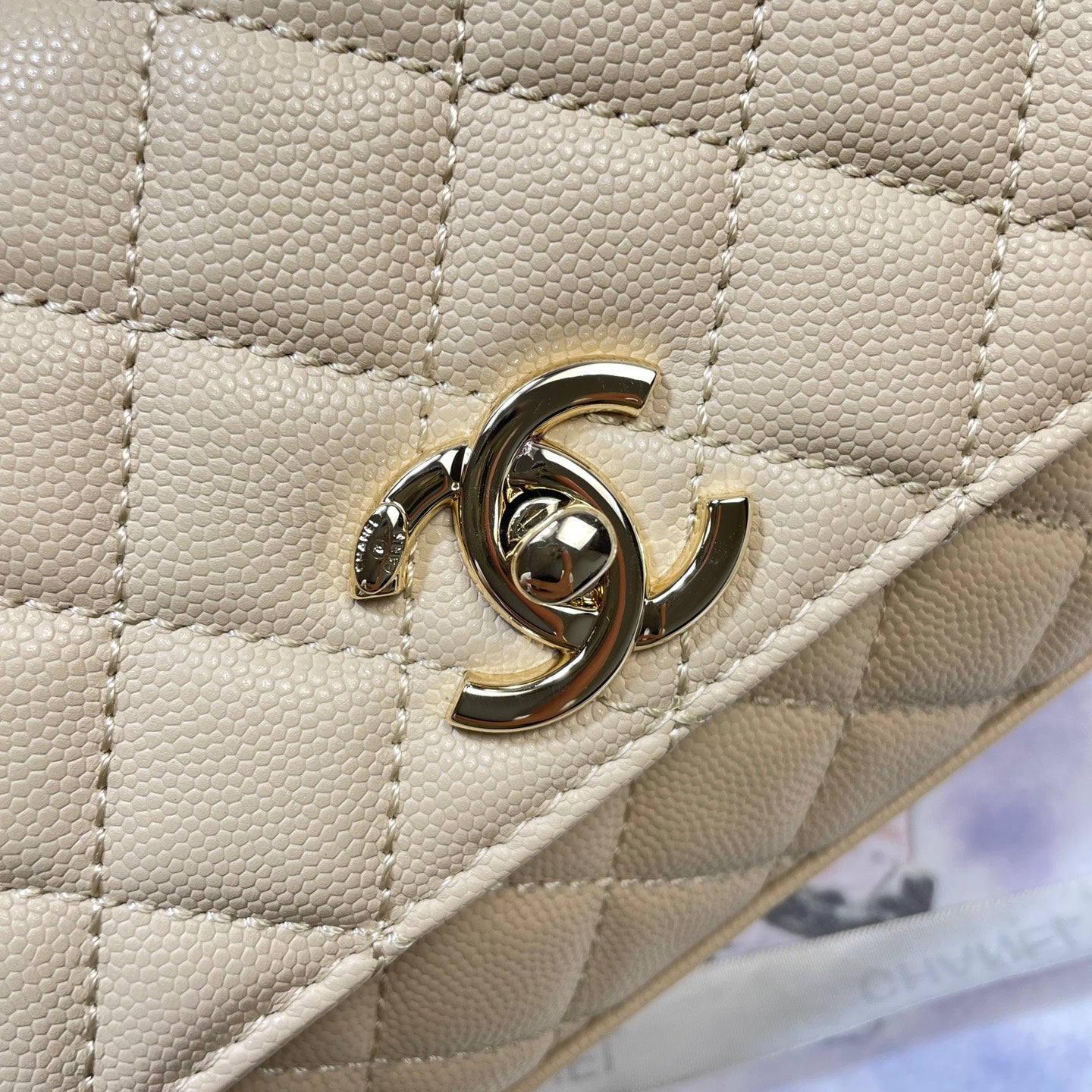 CHANEL 26S COCO HANDLE BAG 32 IN BEIGE CAVIAR CALFSKIN