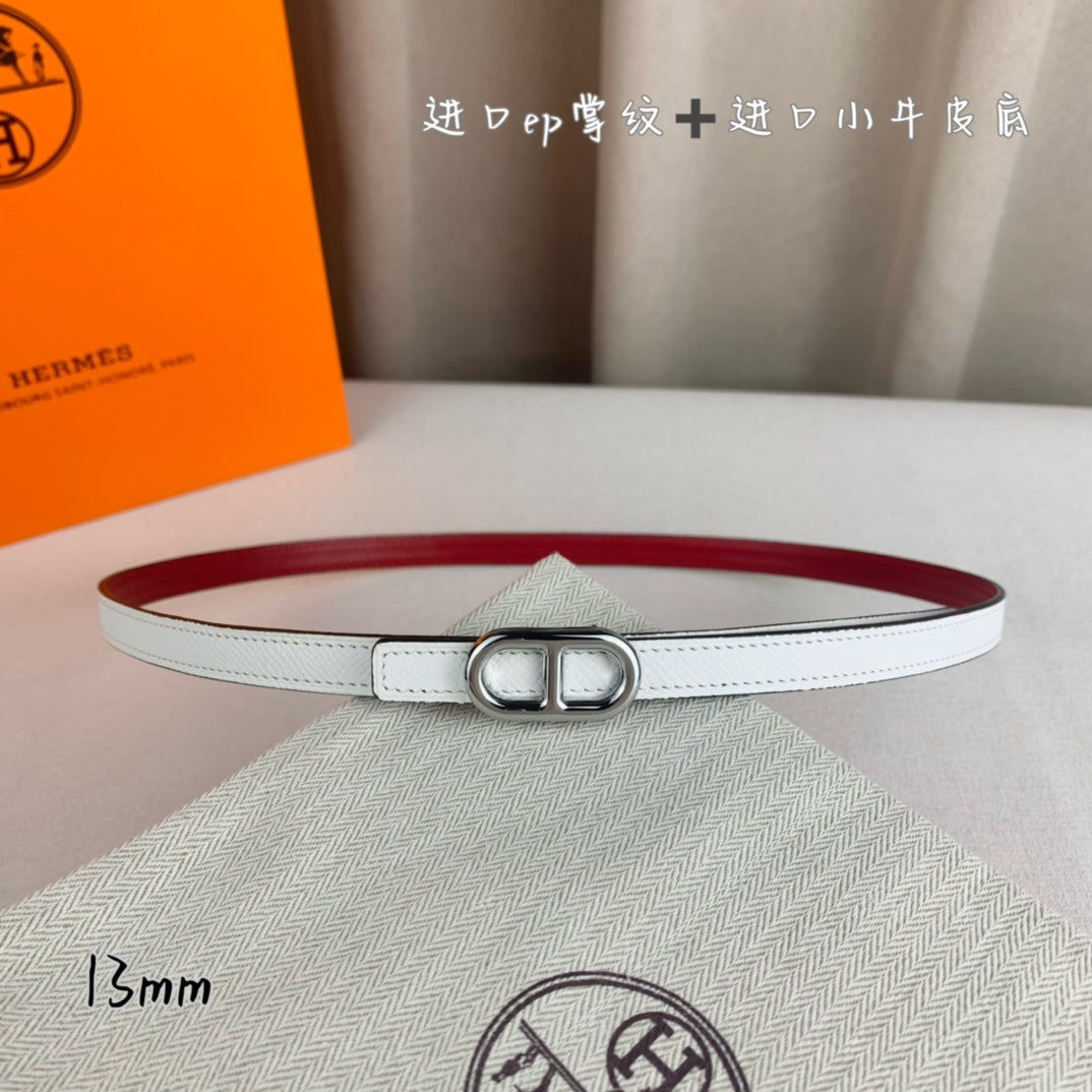 HM MAILLON H BELT BUCKLE & REVERSIBLE WHITE LEATHER STRAP 13 MM SILVER HARDWARE - 30
