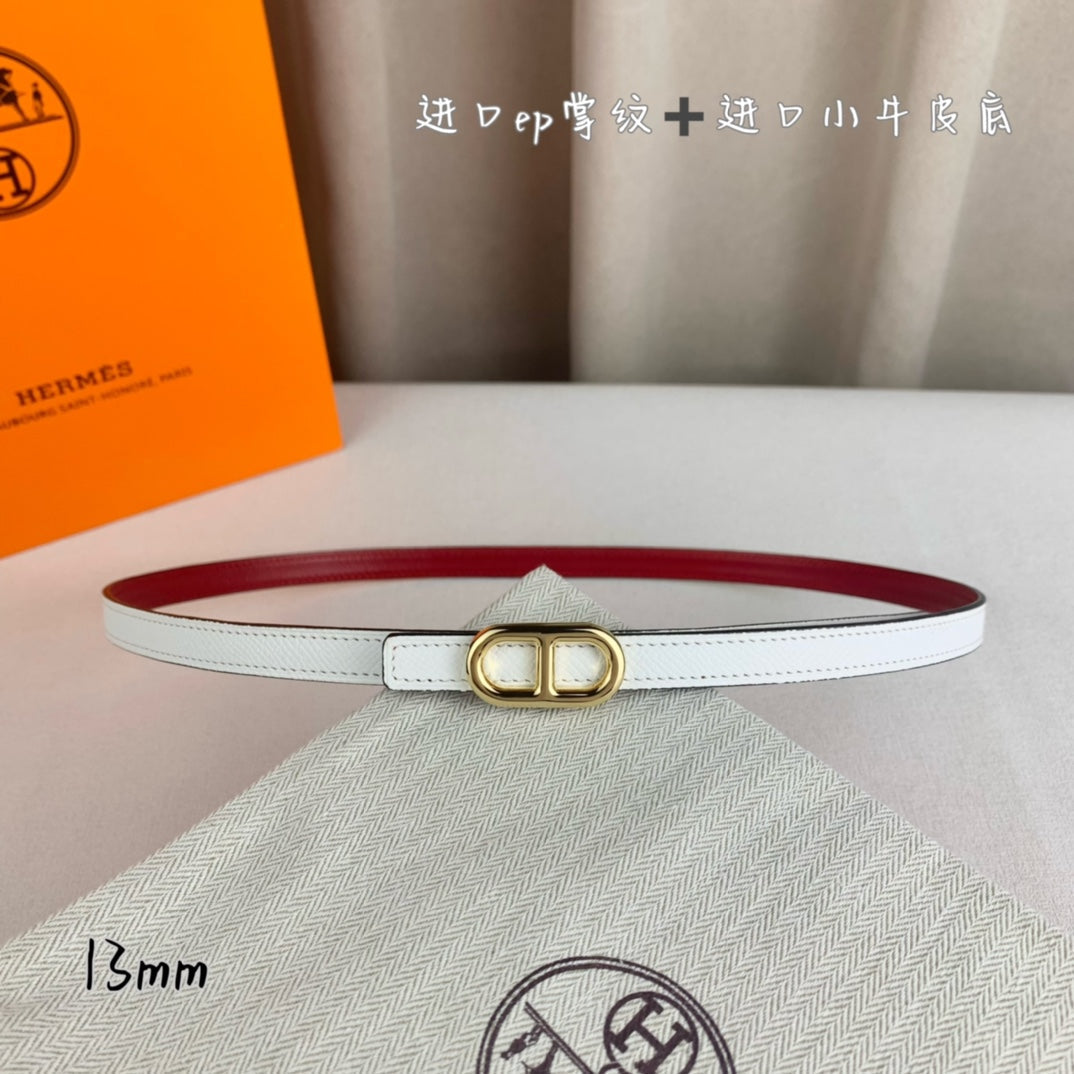 HM MAILLON H BELT BUCKLE & REVERSIBLE WHITE LEATHER STRAP 13 MM GOLD HARDWARE - 30