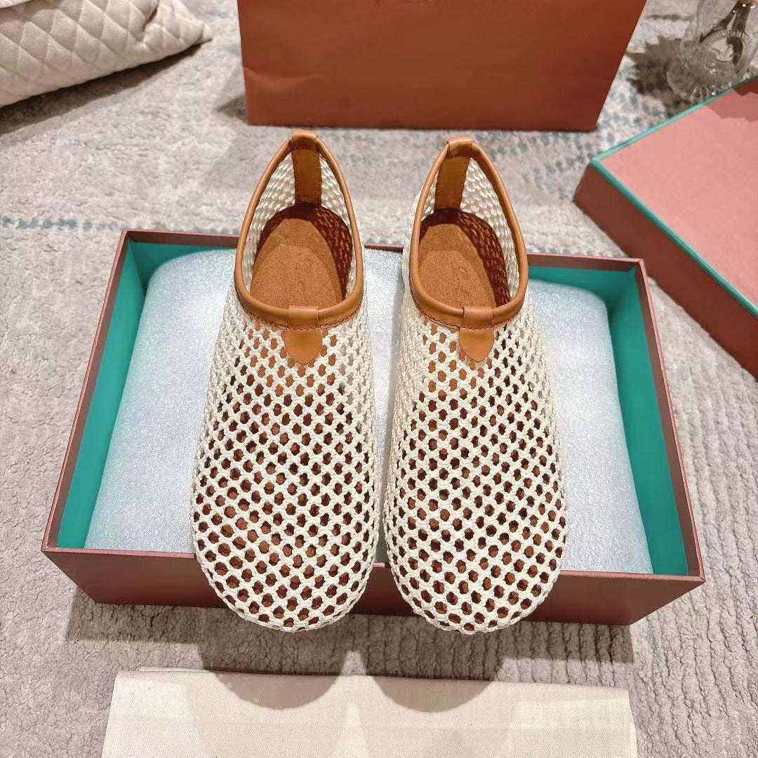 FLAT SHOES IN CREAM WHITE MESH FABRIC - 35