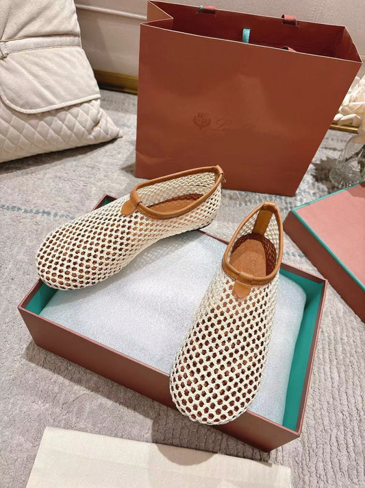 FLAT SHOES IN CREAM WHITE MESH FABRIC - 35