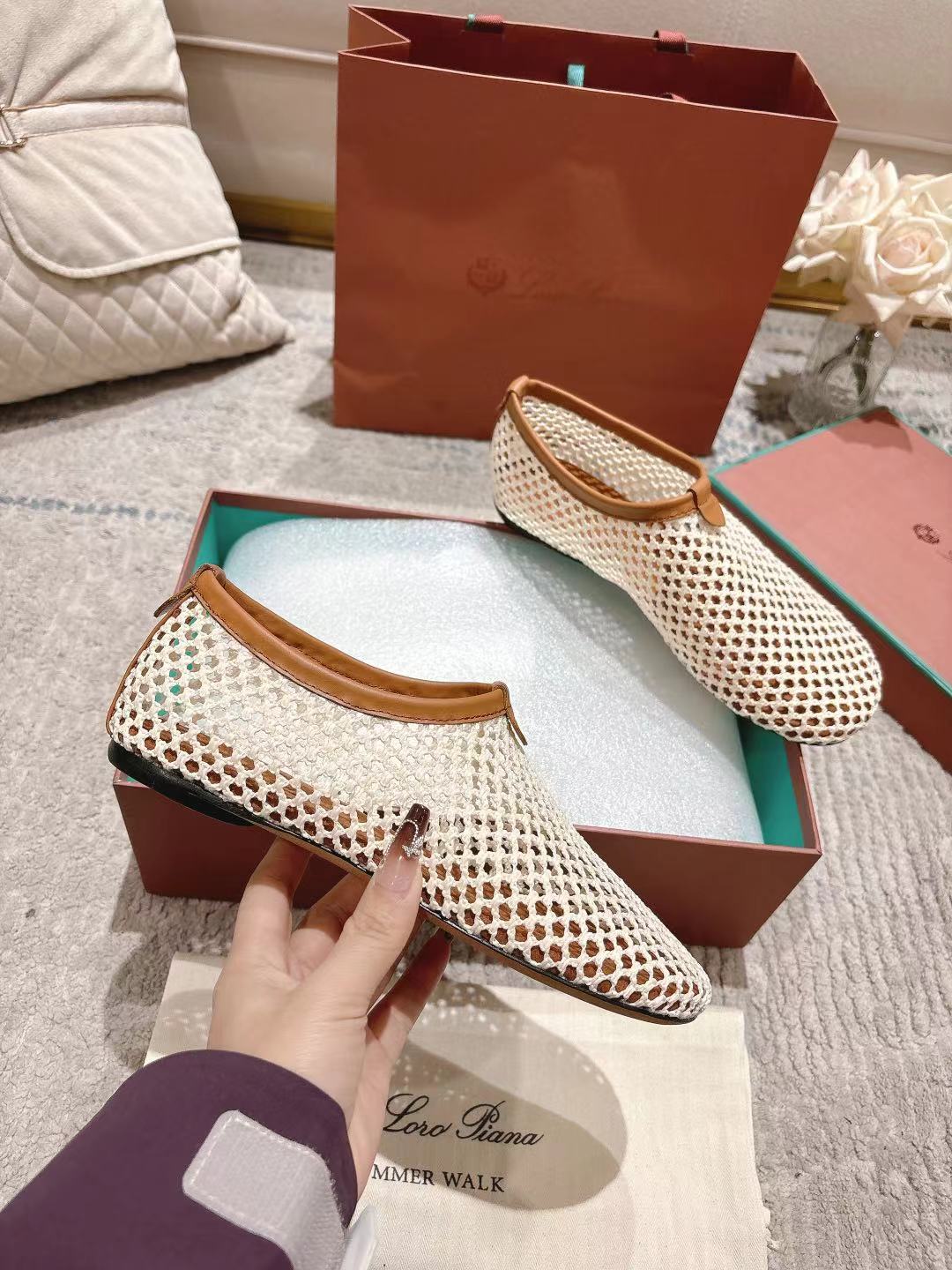 FLAT SHOES IN CREAM WHITE MESH FABRIC - 35
