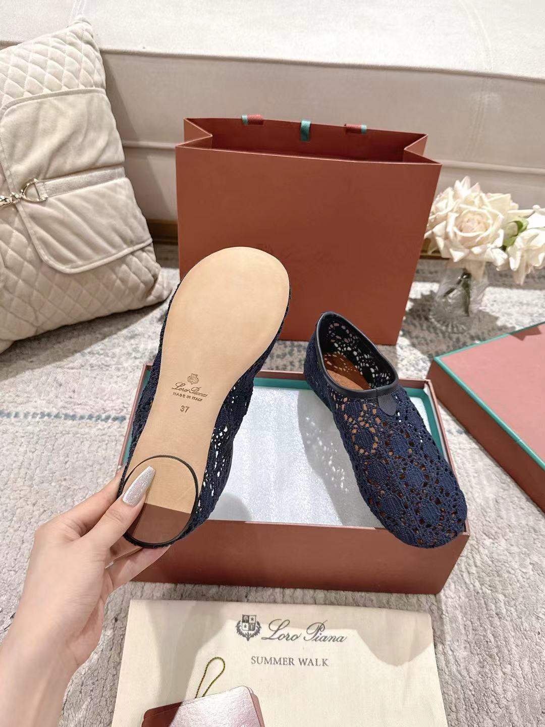 FLAT SHOES 25 IN DARK BLUE MESH FABRIC - 35