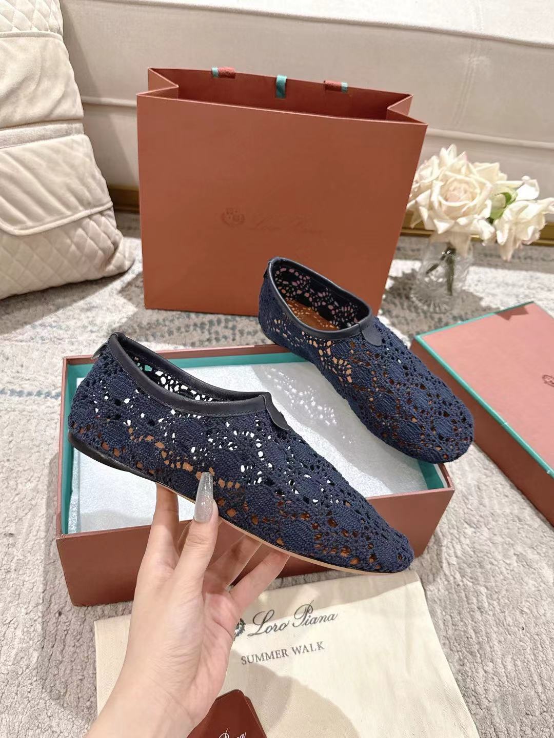 FLAT SHOES 25 IN DARK BLUE MESH FABRIC - 35