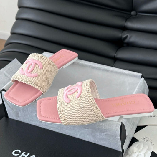 WOVEN SLIDE IN RAFFIA AND LIGHT PINK LAMBSKIN - 35