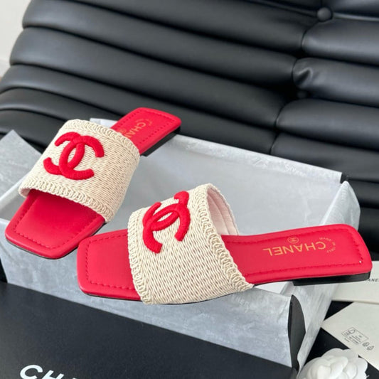 WOVEN SLIDE IN RAFFIA AND RUBY RED LAMBSKIN - 35