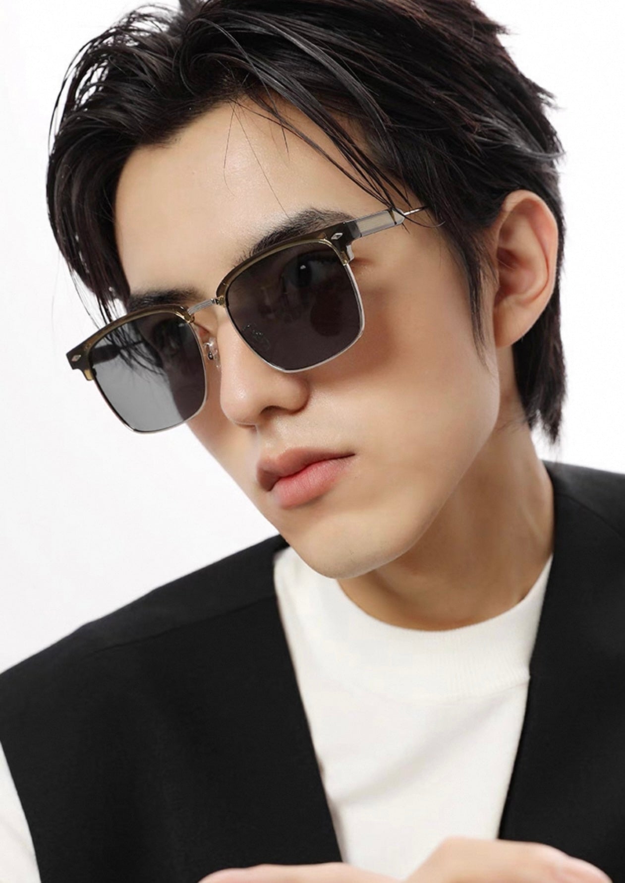 RECTANGULAR FRAME SUNGLASSES G7637 IN METAL AND ACETATE - Brown