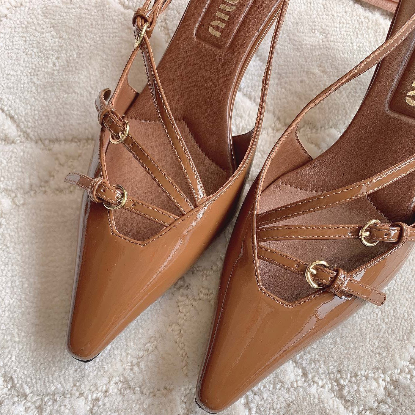 Slingback Ash Brown Leather With Stylized Cross Straps - Mid Heels - 34