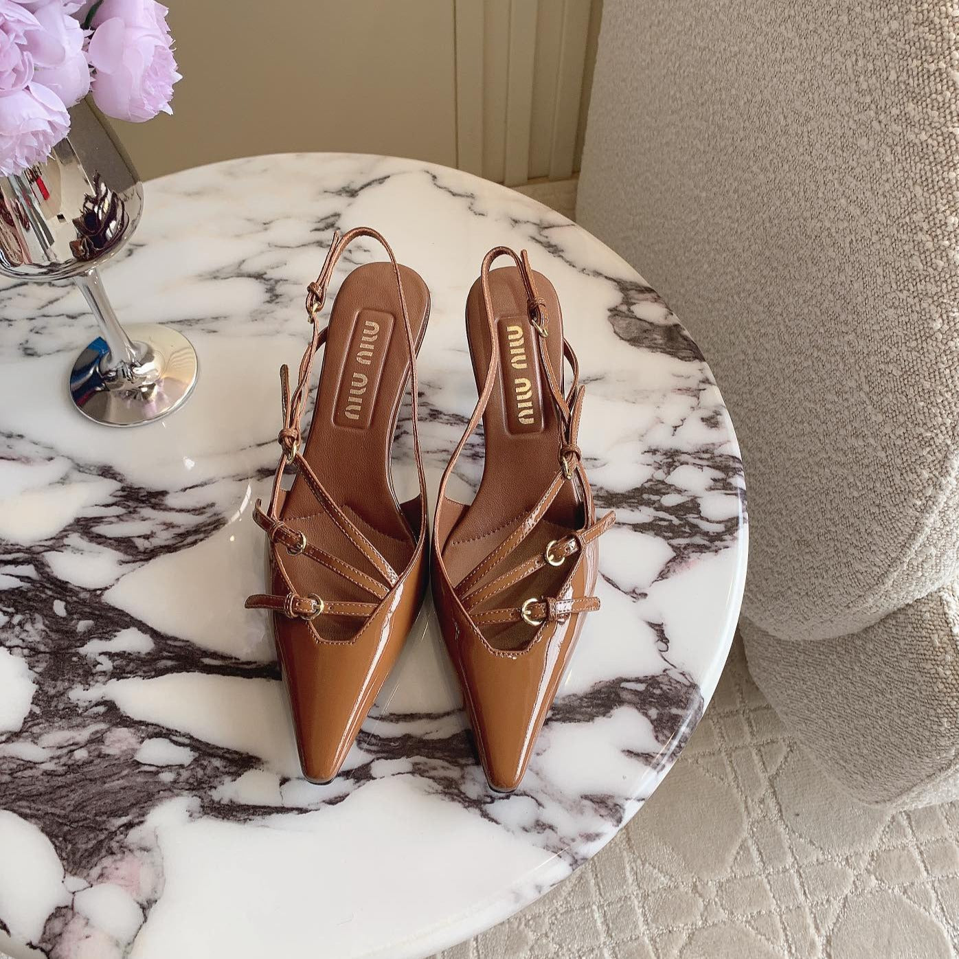 Slingback Ash Brown Leather With Stylized Cross Straps - Mid Heels - 34