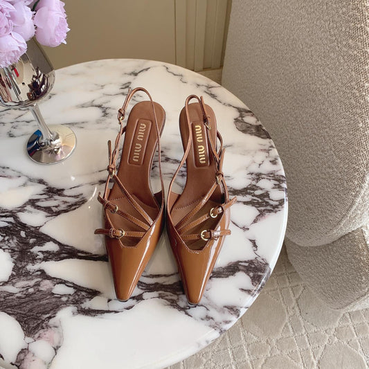 Slingback Ash Brown Leather With Stylized Cross Straps - Mid Heels - 34