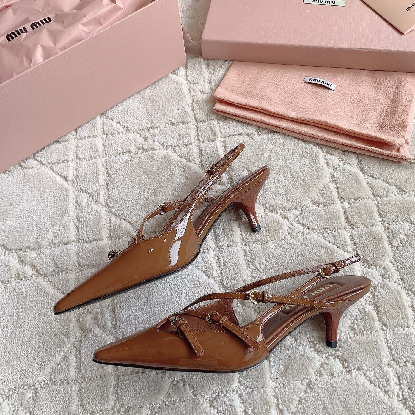 Slingback Ash Brown Leather With Stylized Cross Straps - Mid Heels - 34