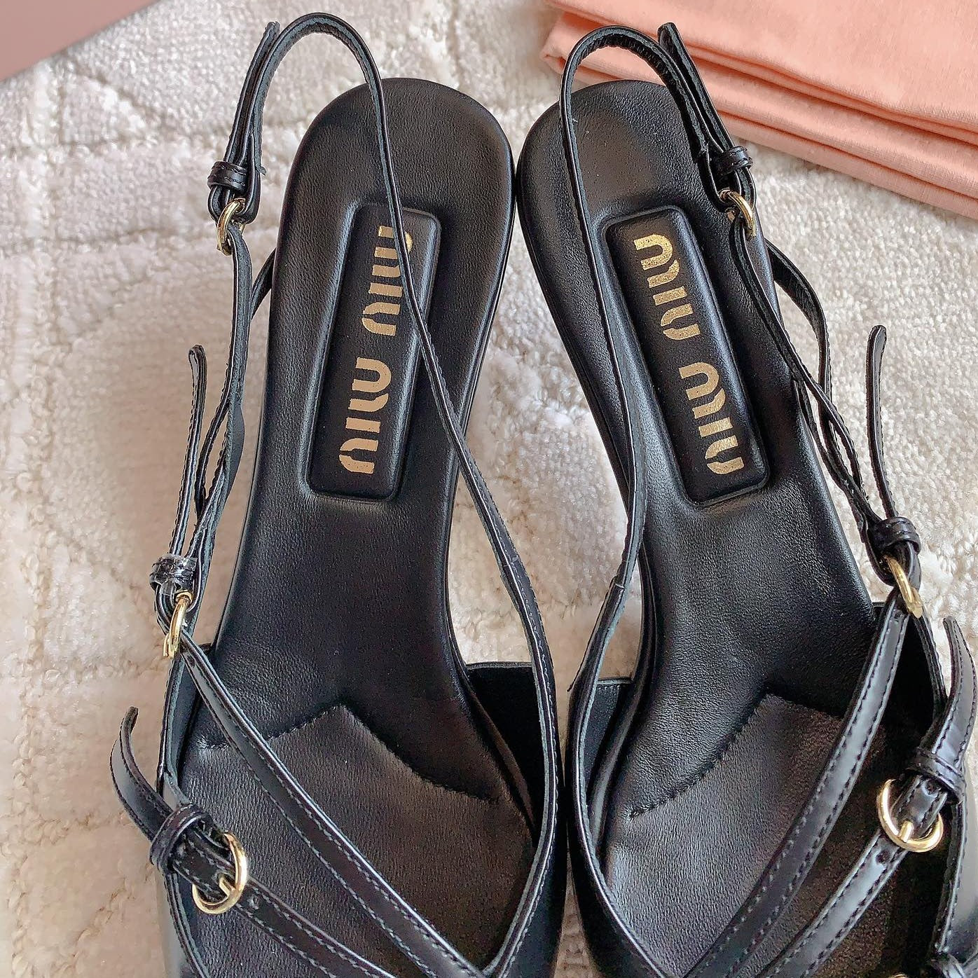 Slingback Black Leather With Stylized Cross Straps - Mid Heels - 34