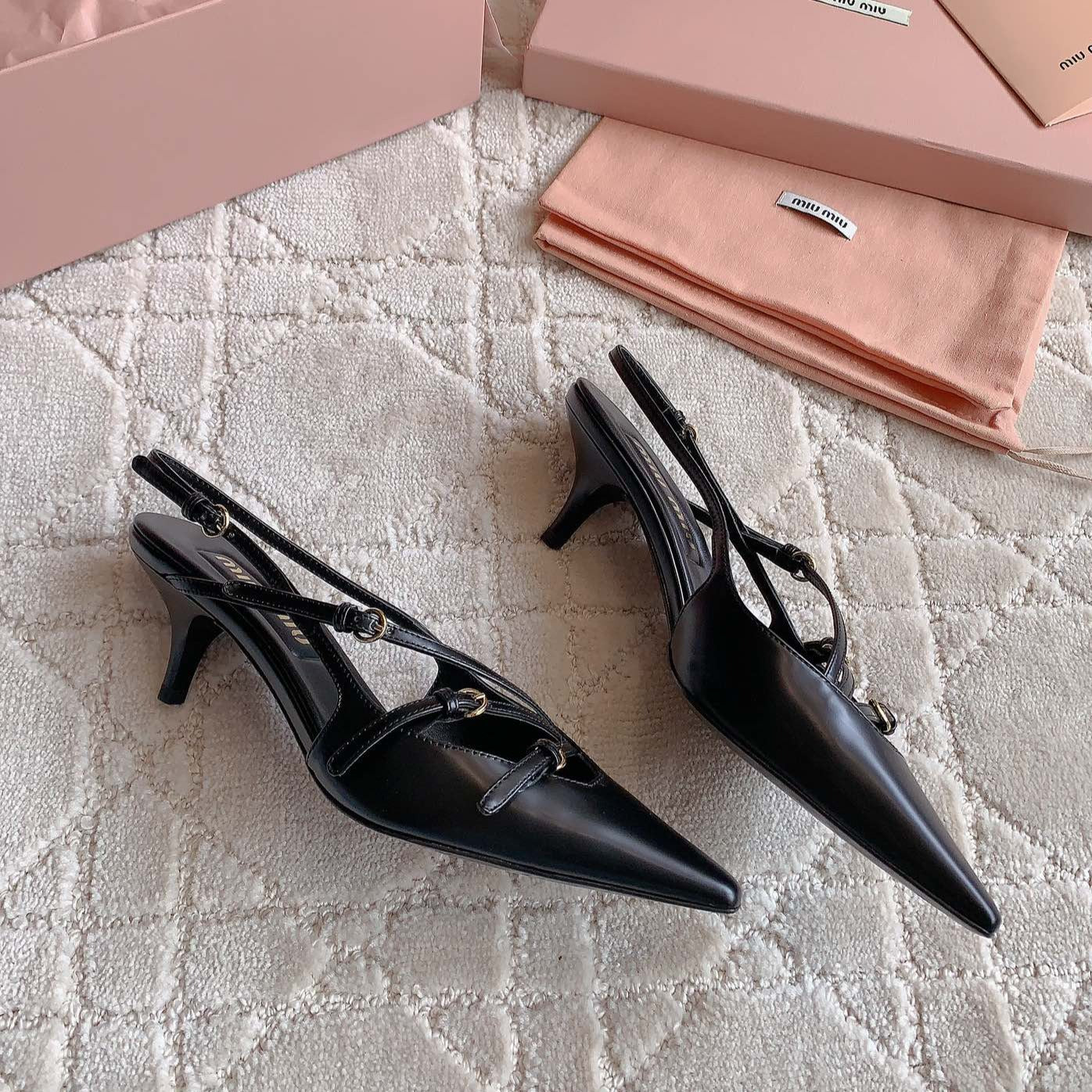 Slingback Black Leather With Stylized Cross Straps - Mid Heels - 34
