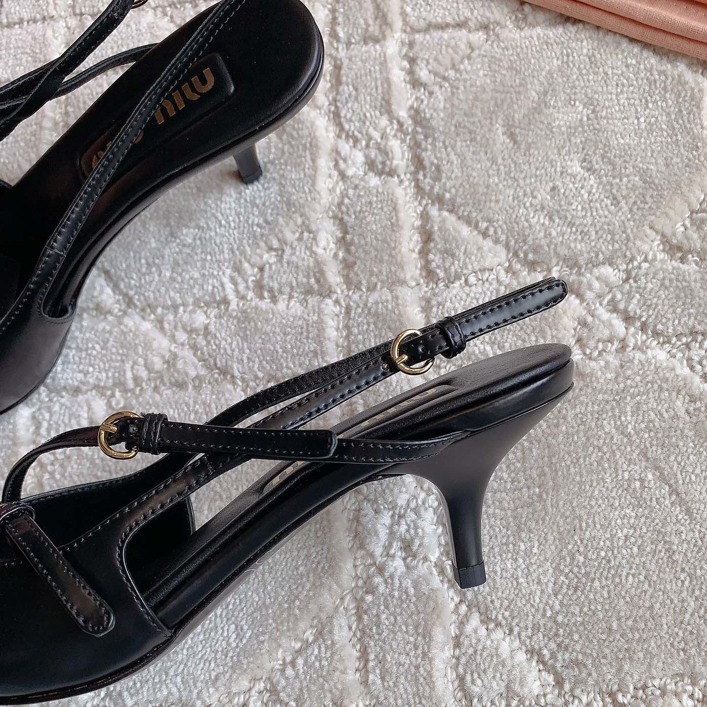 Slingback Black Leather With Stylized Cross Straps - Mid Heels - 34