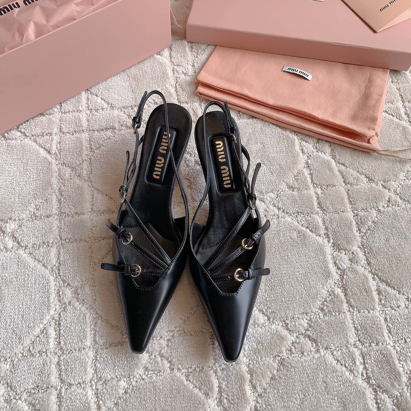 Slingback Black Leather With Stylized Cross Straps - Mid Heels - 34