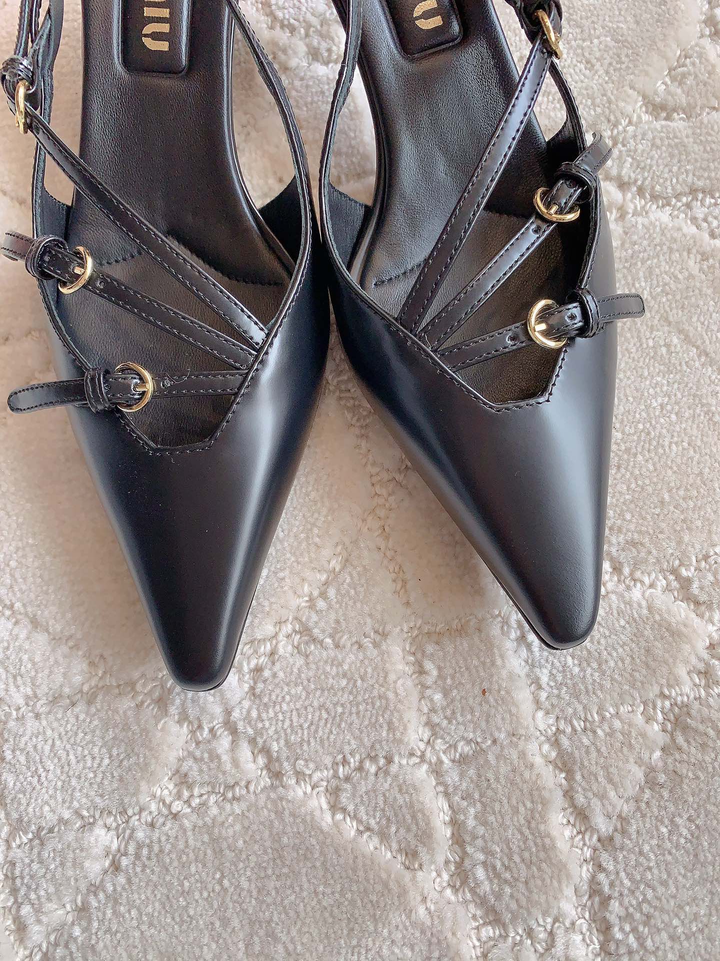 Slingback Black Leather With Stylized Cross Straps - Mid Heels - 34