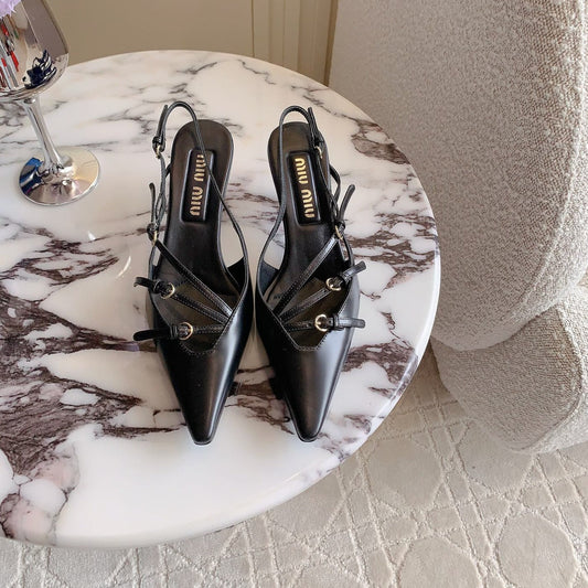 Slingback Black Leather With Stylized Cross Straps - Mid Heels - 34