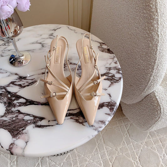 Slingback Ivory Color Leather With Stylized Cross Straps - Mid heels - 34