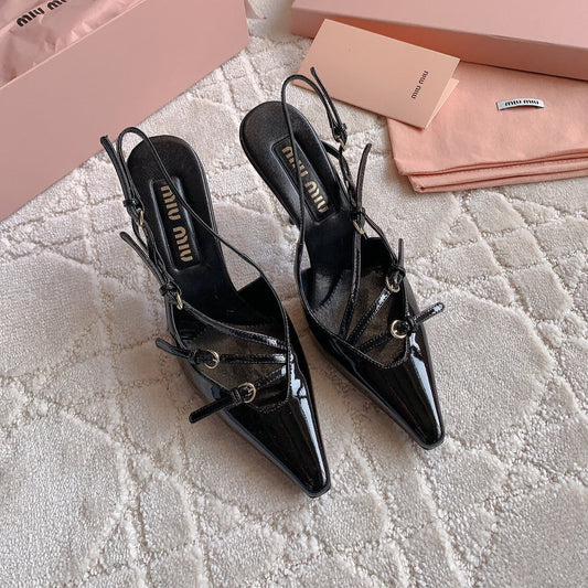 Slingback Black Leather With Stylized Cross Straps - High heels - 34