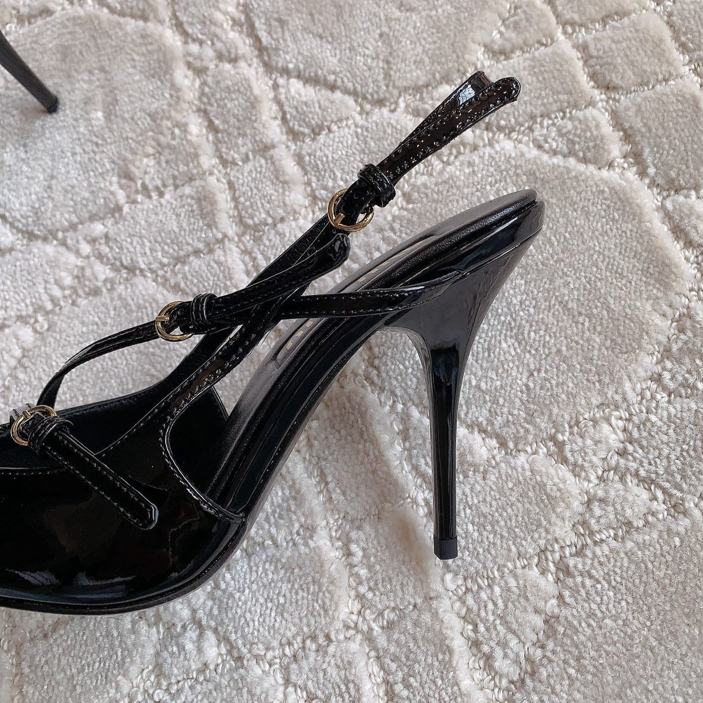 Slingback Black Leather With Stylized Cross Straps - High heels - 34