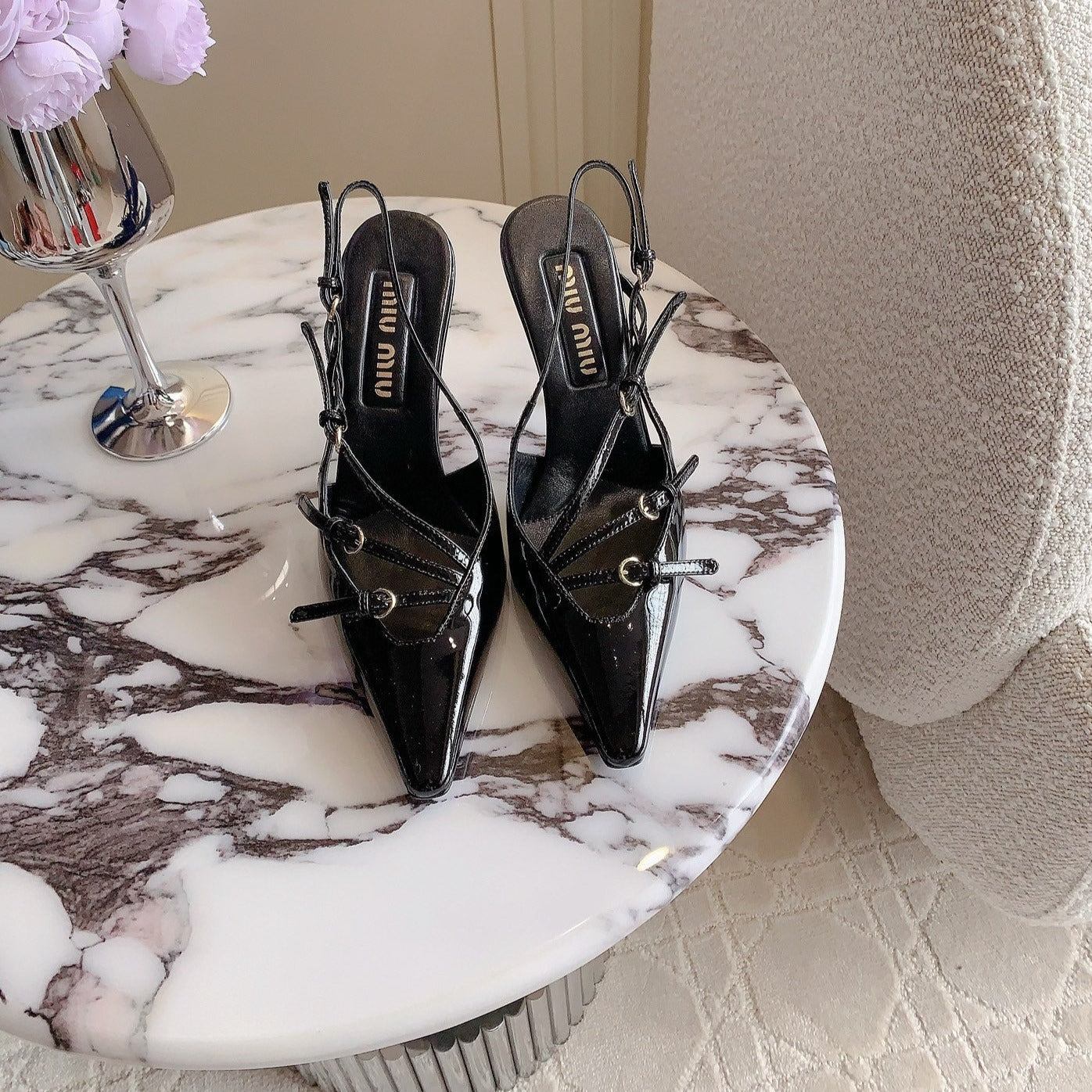Slingback Black Leather With Stylized Cross Straps - High heels - 34
