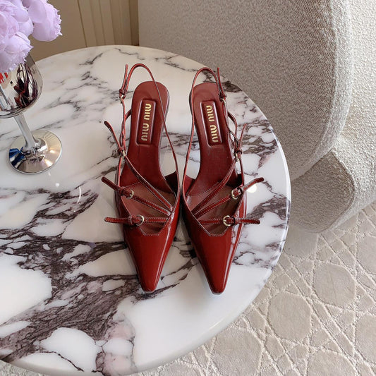Slingback Ruby Leather With Stylized Cross Straps - Mid Heels - 34