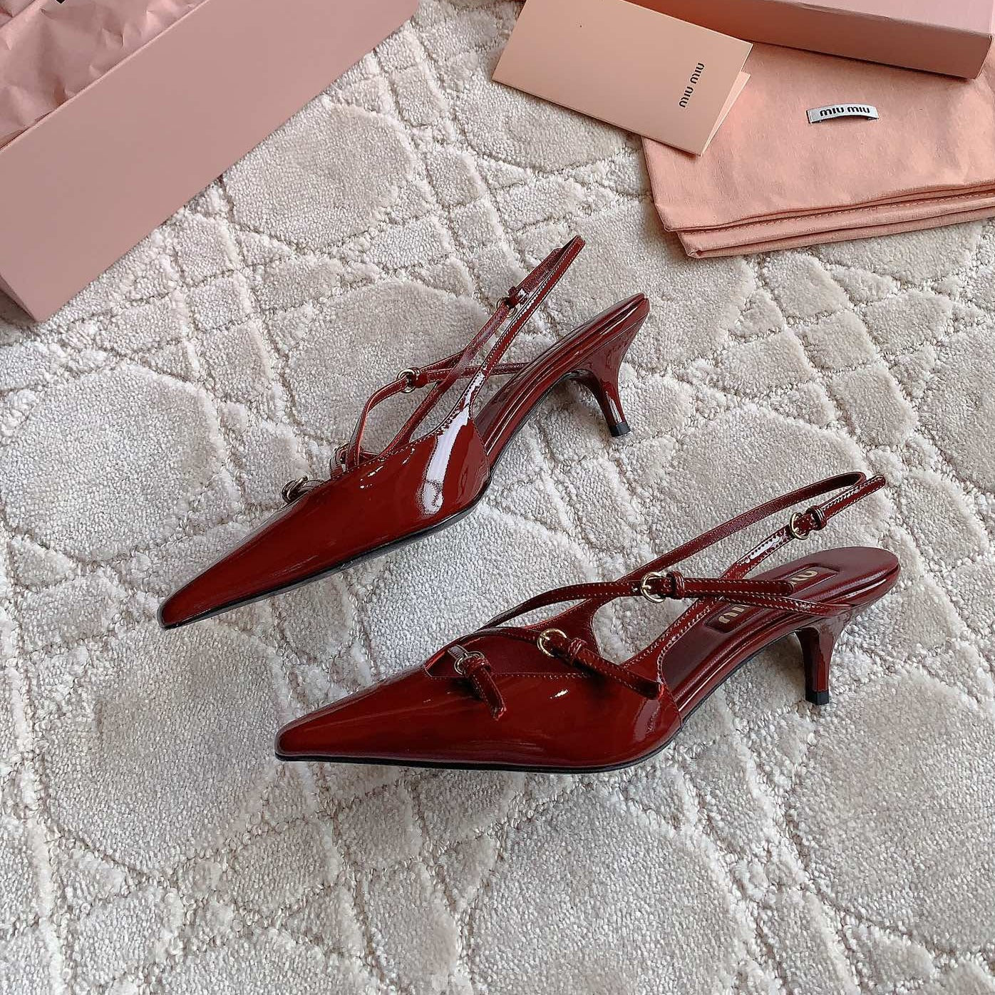 Slingback Ruby Leather With Stylized Cross Straps - Mid Heels - 34