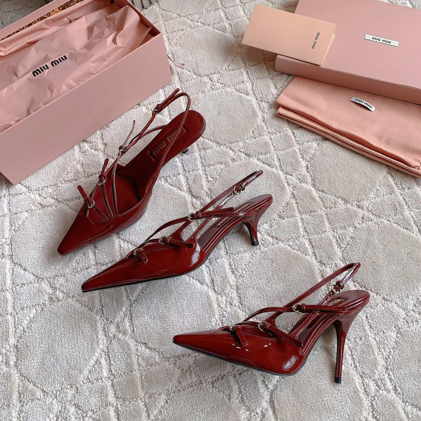 Slingback Ruby Leather With Stylized Cross Straps - Mid Heels - 34