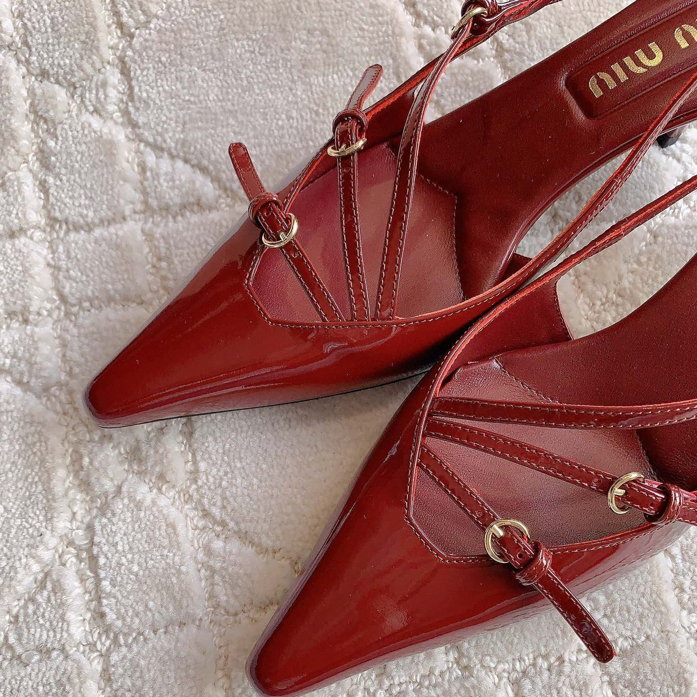 Slingback Ruby Leather With Stylized Cross Straps - Mid Heels - 34