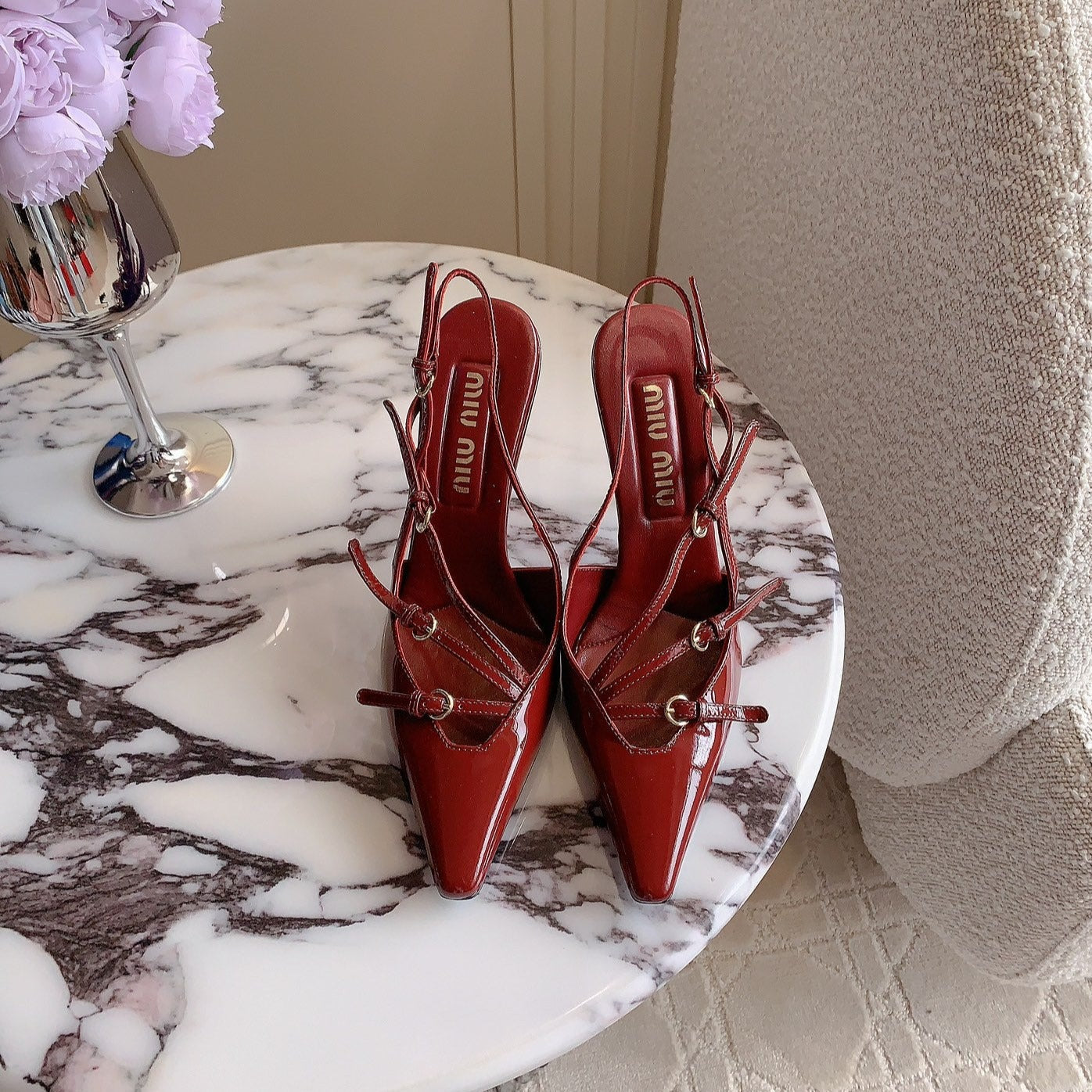 Slingback Ruby Leather With Stylized Cross Straps - High heels - 34