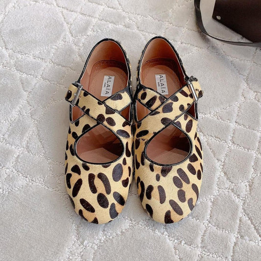 ALAIA CRISS CROSS BALLET FLAT IN LEOPARD LAMBSKIN WITH SILVER HARDWARE - 35