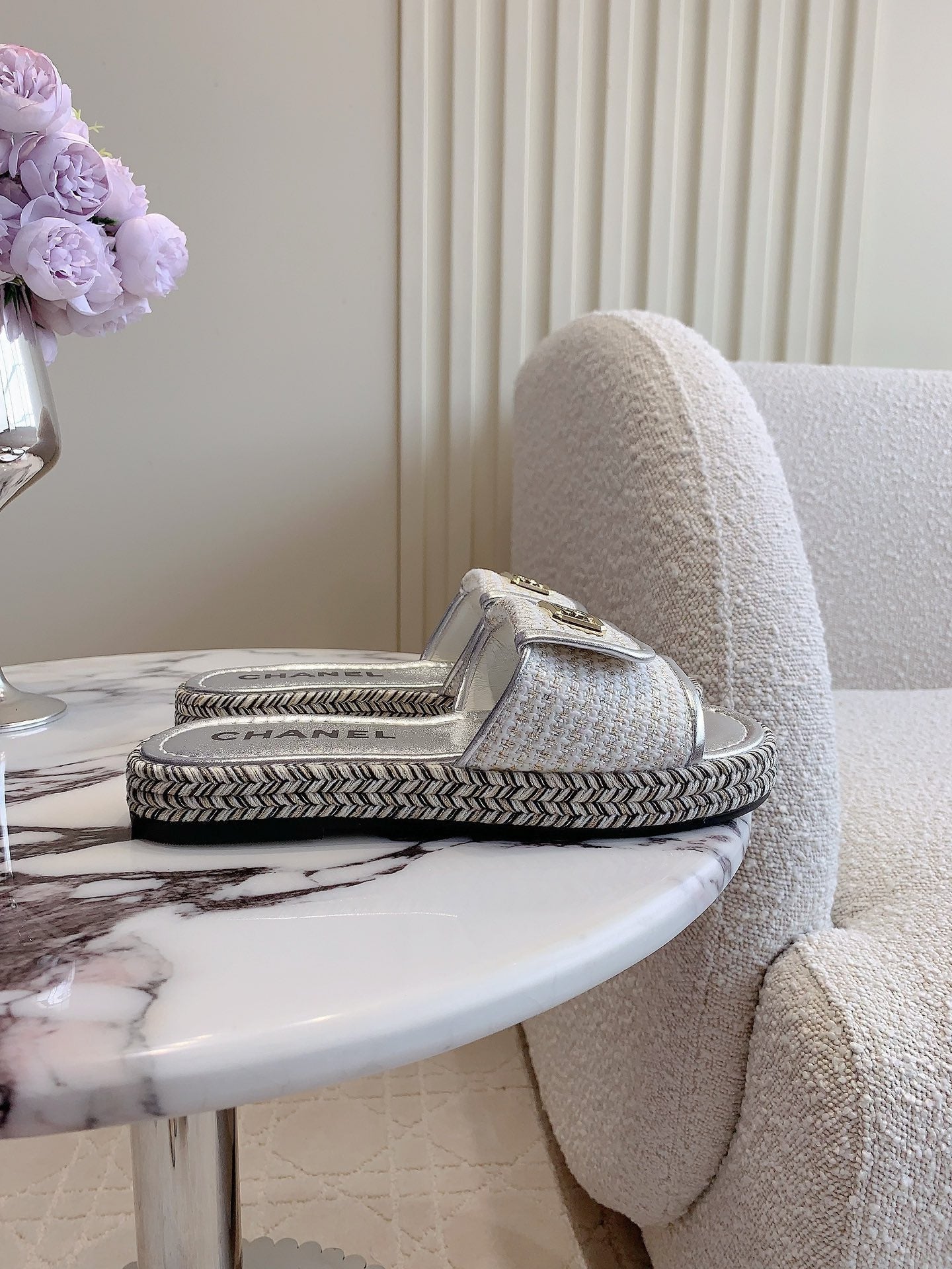 PLATFORM SLIPPERS IN SILVER WOOL AND LAMBSKIN - 35