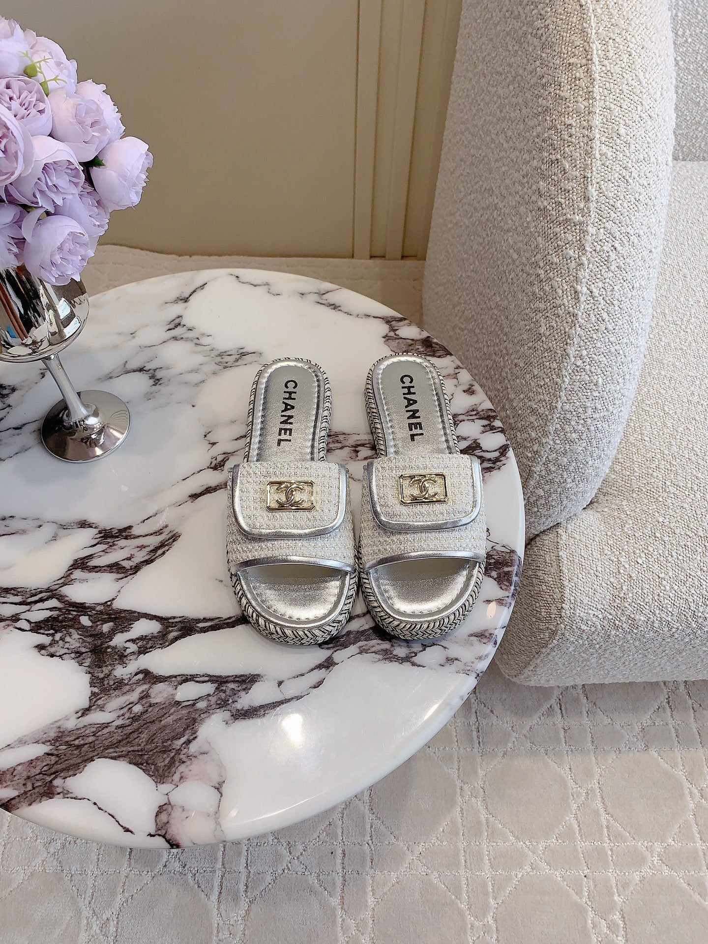PLATFORM SLIPPERS IN SILVER WOOL AND LAMBSKIN - 35